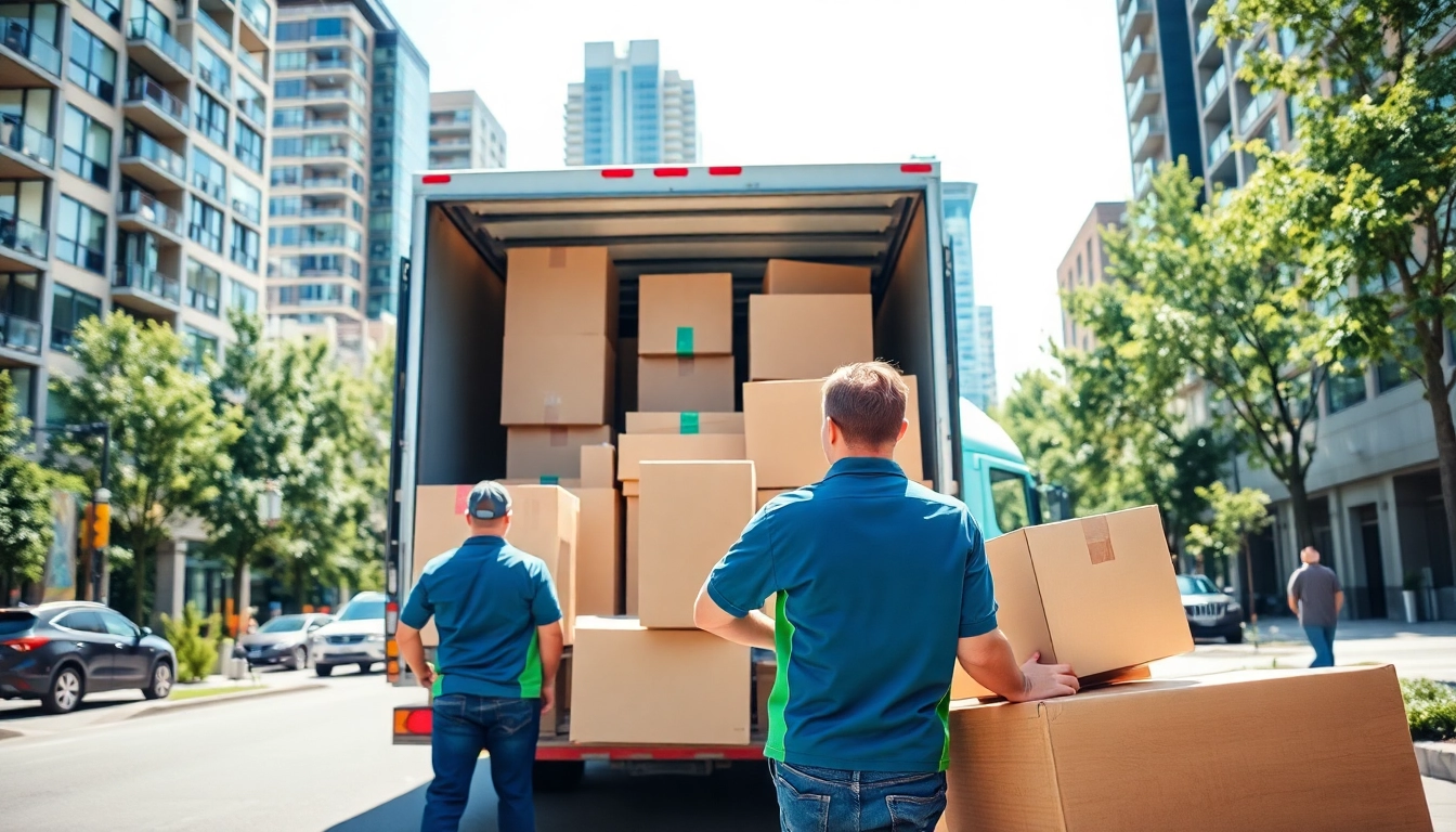 Calgary movers loading boxes into a truck in an urban setting, showcasing professional service.