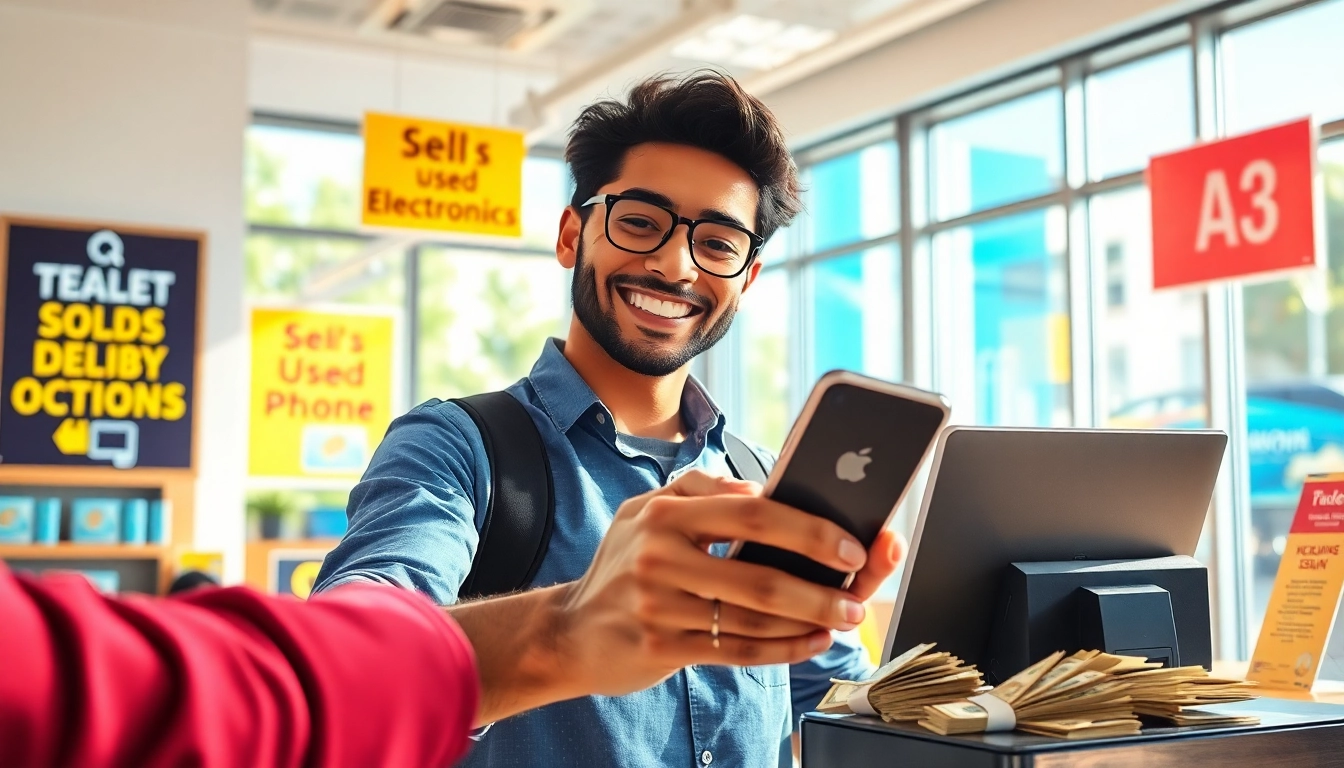 Sell old phone for cash with a happy customer interacting at a vibrant store.