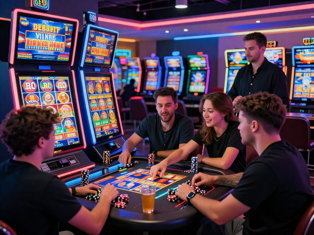 Players excitedly buy the bonus slots at a lively casino, showcasing colorful slot machines and vibrant atmosphere.