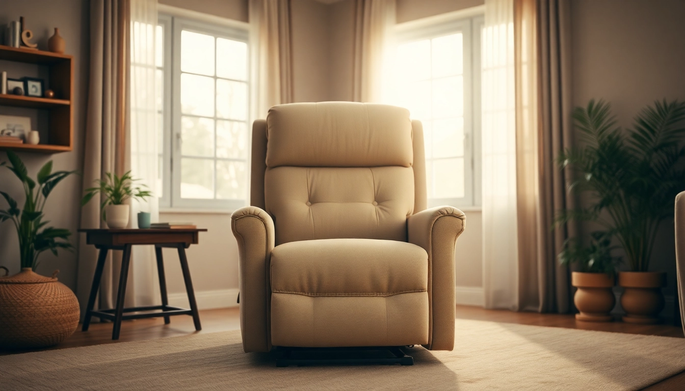 Comfortable tall man lift chair in a warm living room, designed for accessibility and relaxation.