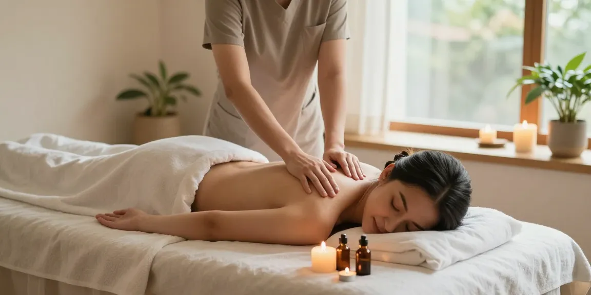 마사지 테크닉을 사용하는 전문 마사지사와 편안한 스파 환경의 이미지