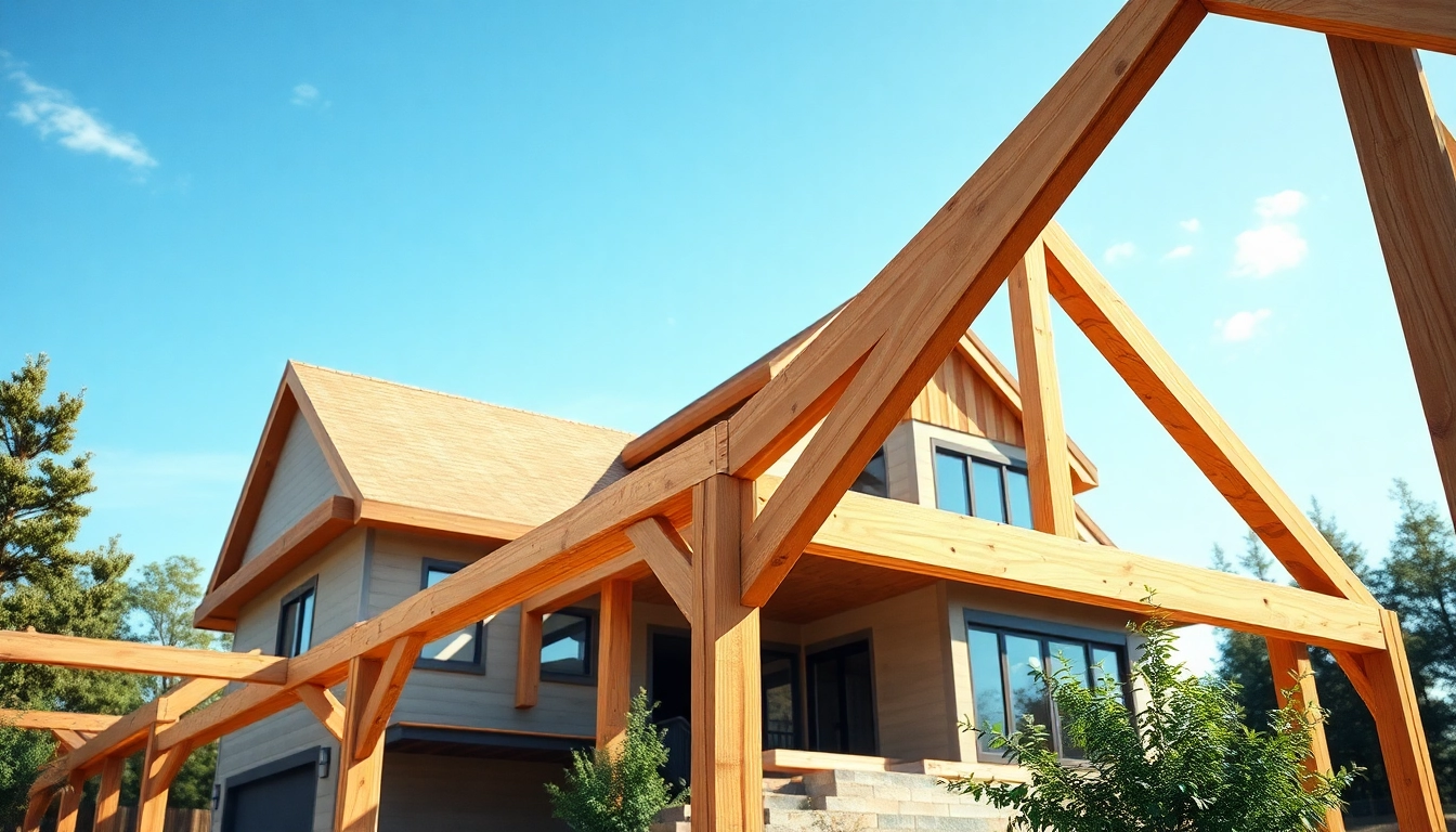 Timber frame solutions displayed at a construction site highlighting skilled craftsmanship and natural materials.
