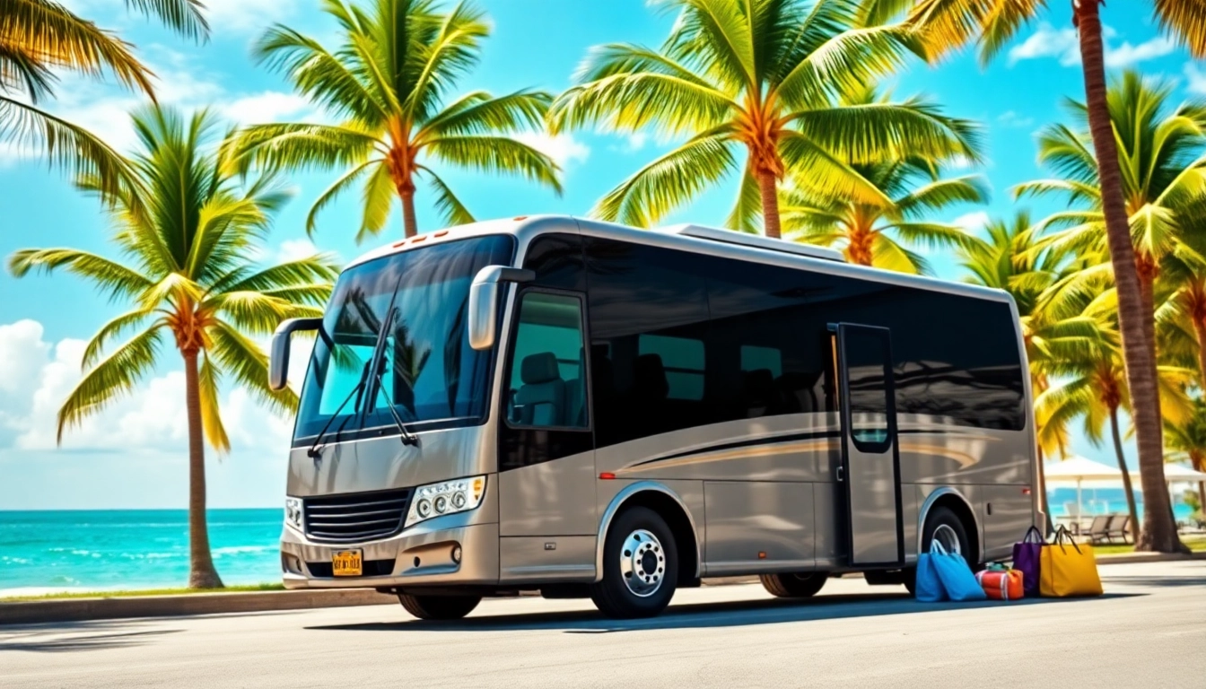 Experience convenience and luxury with https://miamicharterbus.com charter buses set against a scenic Miami backdrop.