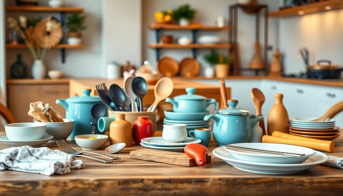 Showcase of kitchenware gift ideas NZ with elegant utensils and stylish plates on a wooden table.
