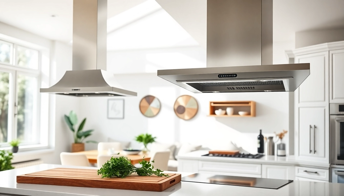 View modern kitchen range hoods showcasing stylish design and functionality.