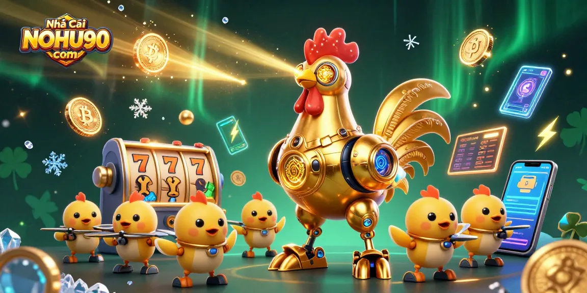 Engage with the dynamic slot gaming experience at Nhà Cái NOHU90 com featuring a golden rooster robot and baby chick drones.