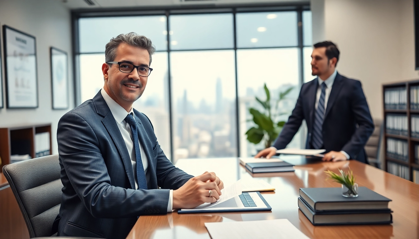 Engaging New York City Personal Injury Lawyer assisting a client in a bright office setting.