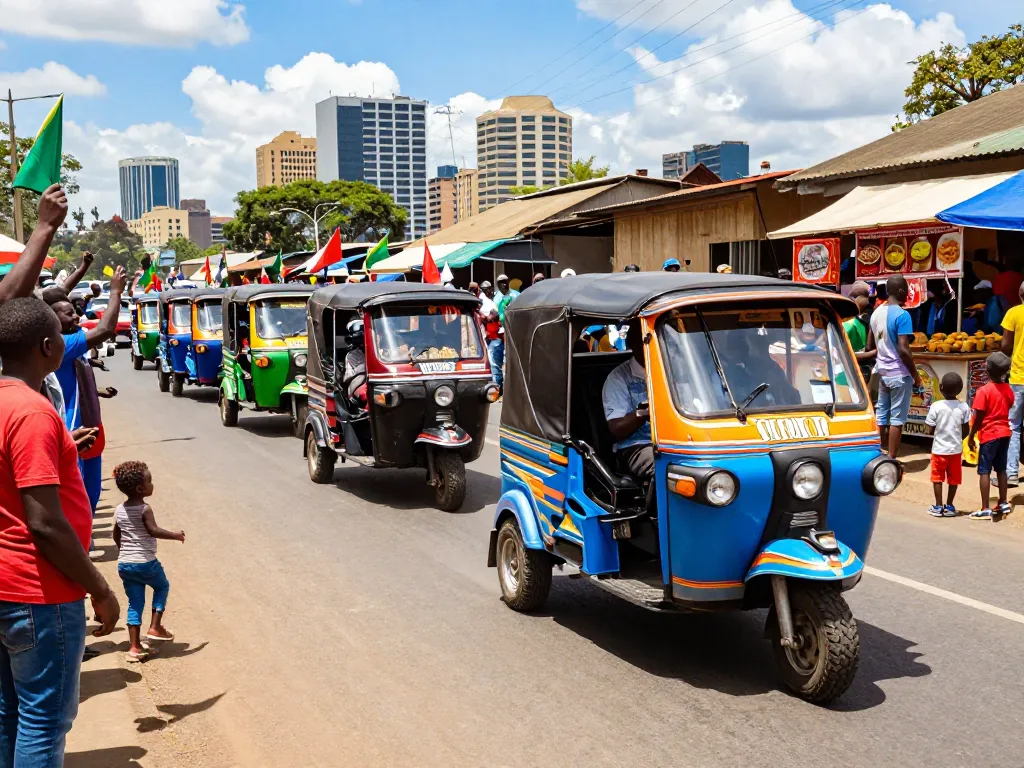 Tuk Tuk competition Kenya featuring vibrant vehicles at a lively street race with spectators cheering and city skyline.