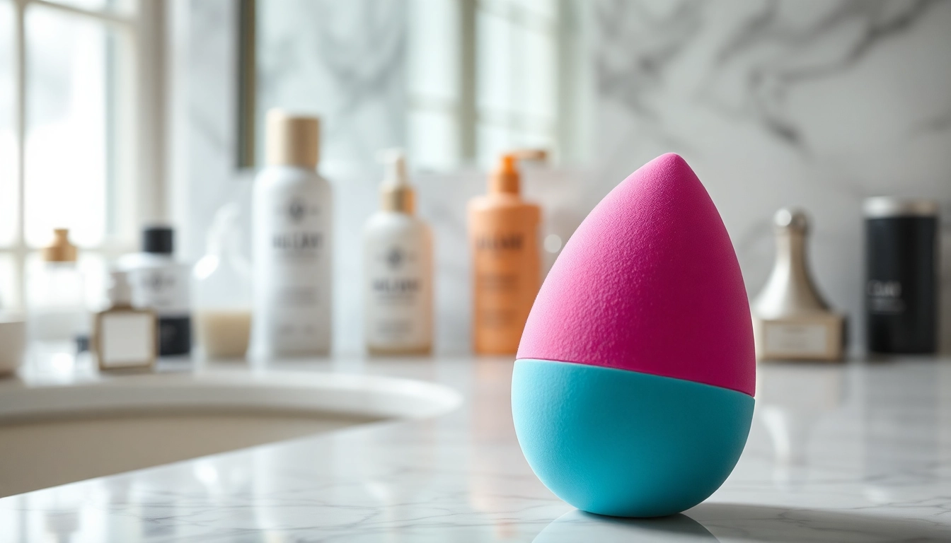 Apply makeup flawlessly with a silicone beauty blender showcased on a luxurious vanity.