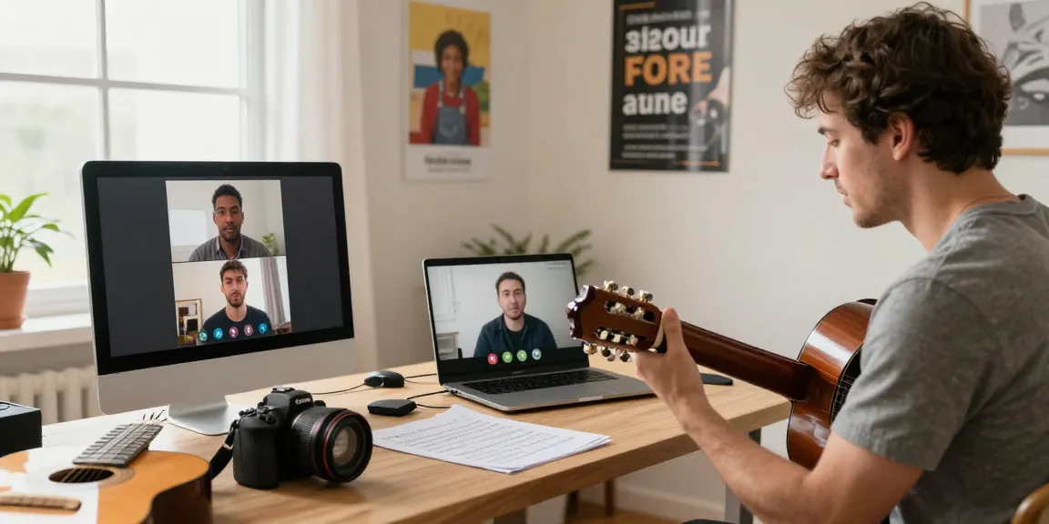Engaging Zoom Guitar Lessons with a professional instructor and students in an inviting online learning setup.