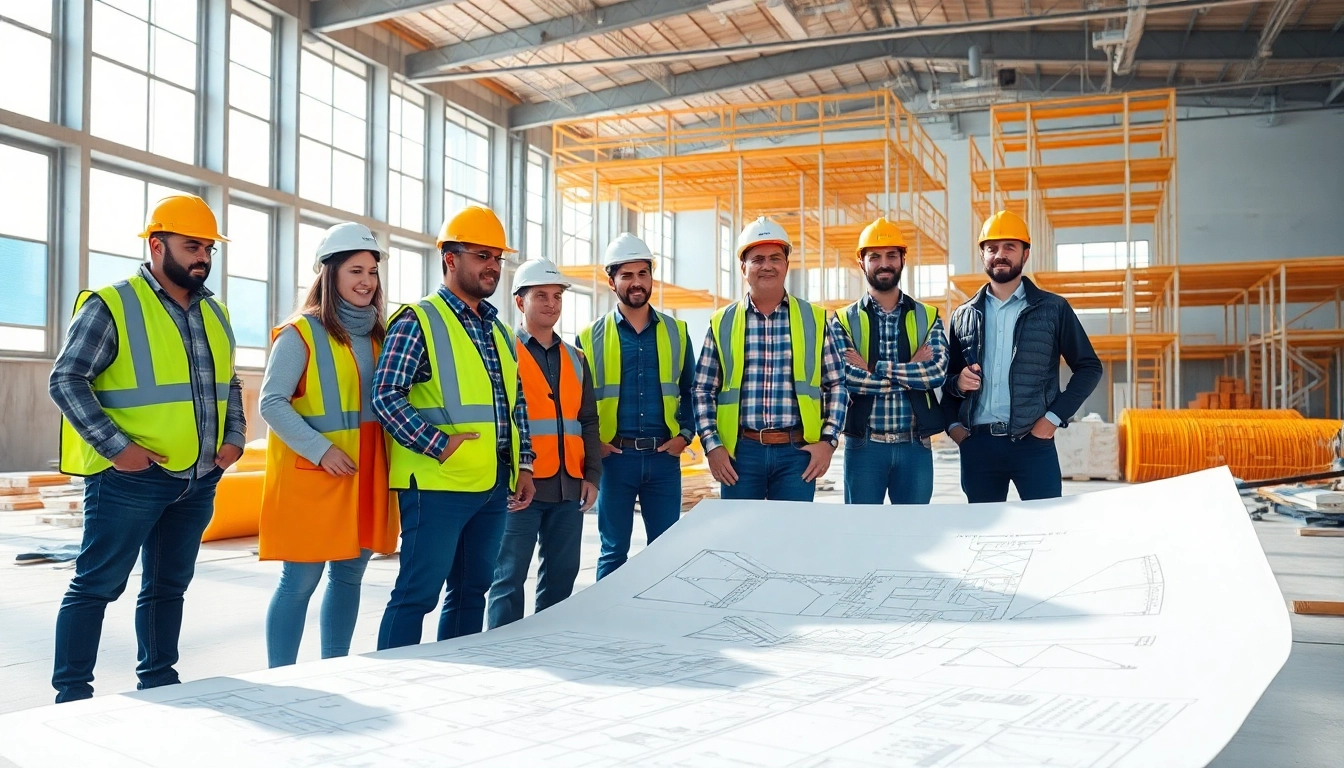 Construction association professionals collaborating on a project with blueprints and safety gear.