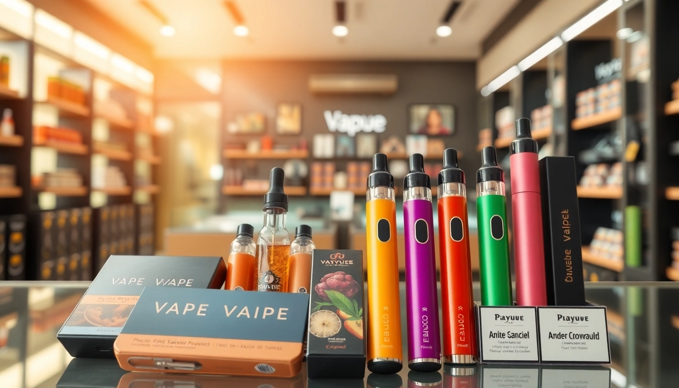 Showcasing colorful disposable vapes in a modern retail setting with vibrant packaging.