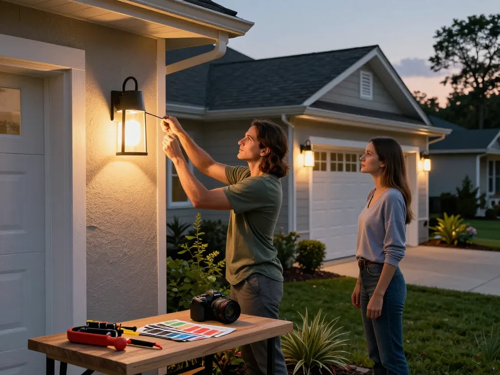 Beautiful outdoor garage lights enhancing a suburban home’s exterior at dusk with warm lighting and stylish fixtures.