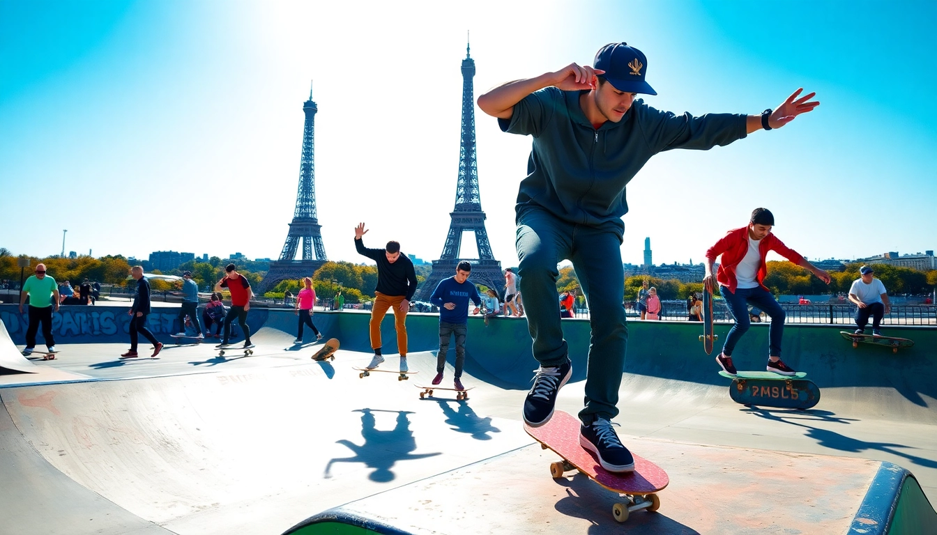 Catch action-packed skateboarding moments at École de Skate Paris, showcasing diverse skaters and iconic Paris sights.
