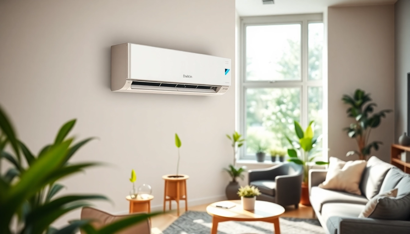 Install a Daikin mini split AC in a modern living room with a sleek design and bright lighting.