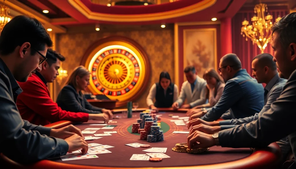 Hi88 red players enjoying an exciting poker game with vibrant chips and cards.