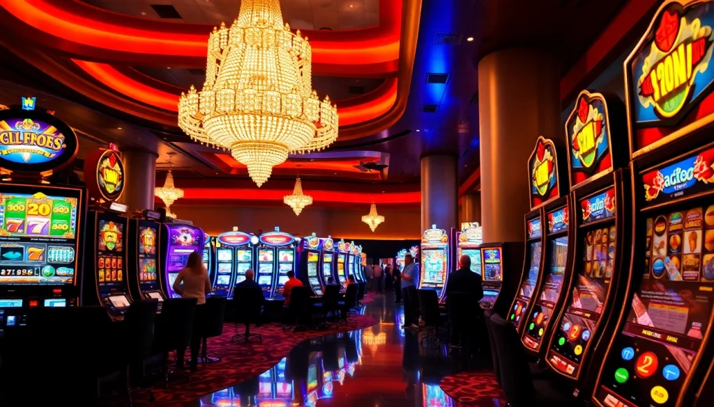 Menangkan slot gacor dengan suasana kasino yang hidup dan menarik penuh lampu dan mesin slot.