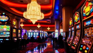 Menangkan slot gacor dengan suasana kasino yang hidup dan menarik penuh lampu dan mesin slot.