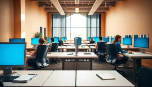 Efficient workspace at a typing center, showcasing professionals engaged in focused typing activities.