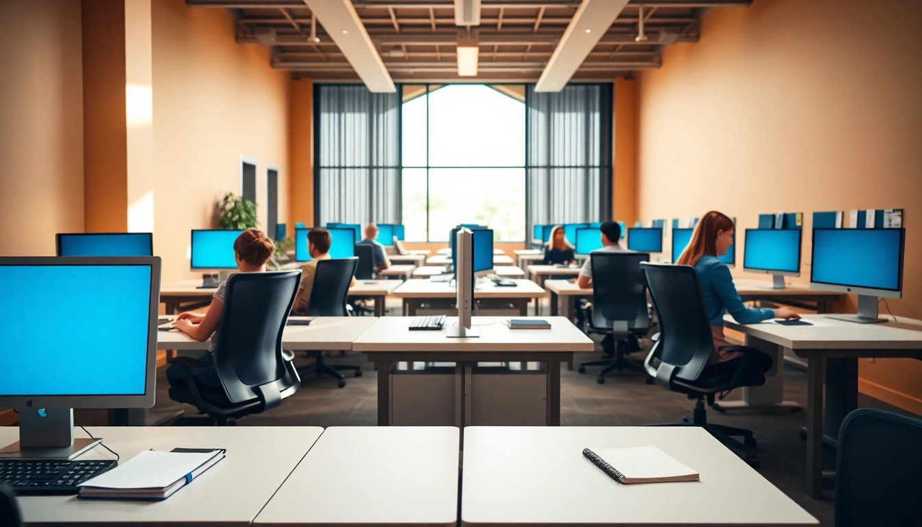 Efficient workspace at a typing center, showcasing professionals engaged in focused typing activities.