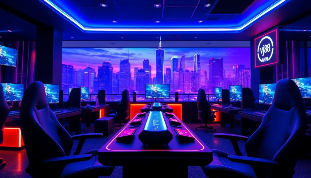 Engaging view of a modern virtual gaming environment featuring vj88 consoles and a vibrant skyline.