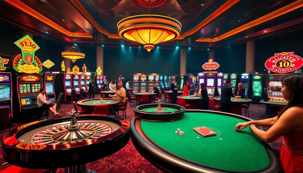 C168 casino scene showing players engaged in thrilling card games on a vibrant casino floor.