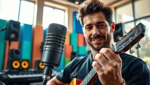 Musician using the MV88 microphone in a modern studio, showcasing creativity and confidence.