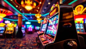 Slot machine yang menarik dengan cahaya cerah dan suasana kasino yang mewah.