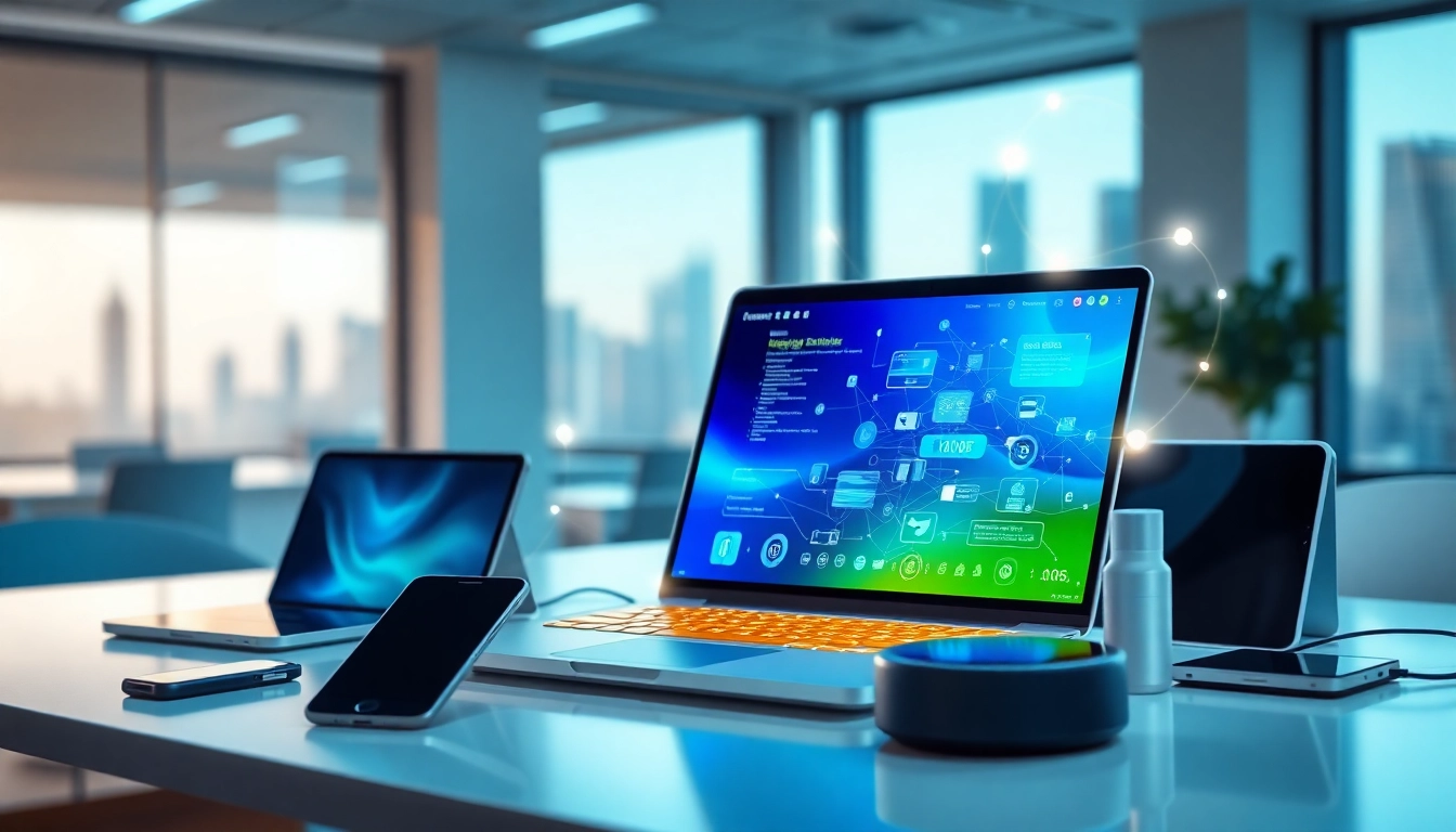Showcase Technology devices on a modern workspace with vibrant connectivity features.