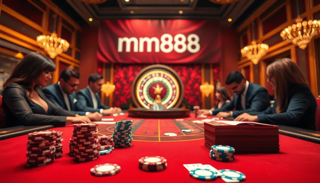 Experience the excitement of mm888 at a luxury casino table with vibrant poker chips and intense gameplay.