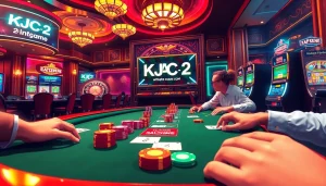 KJC AC 2 enhances the excitement at a high-stakes poker table, surrounded by vibrant casino action.