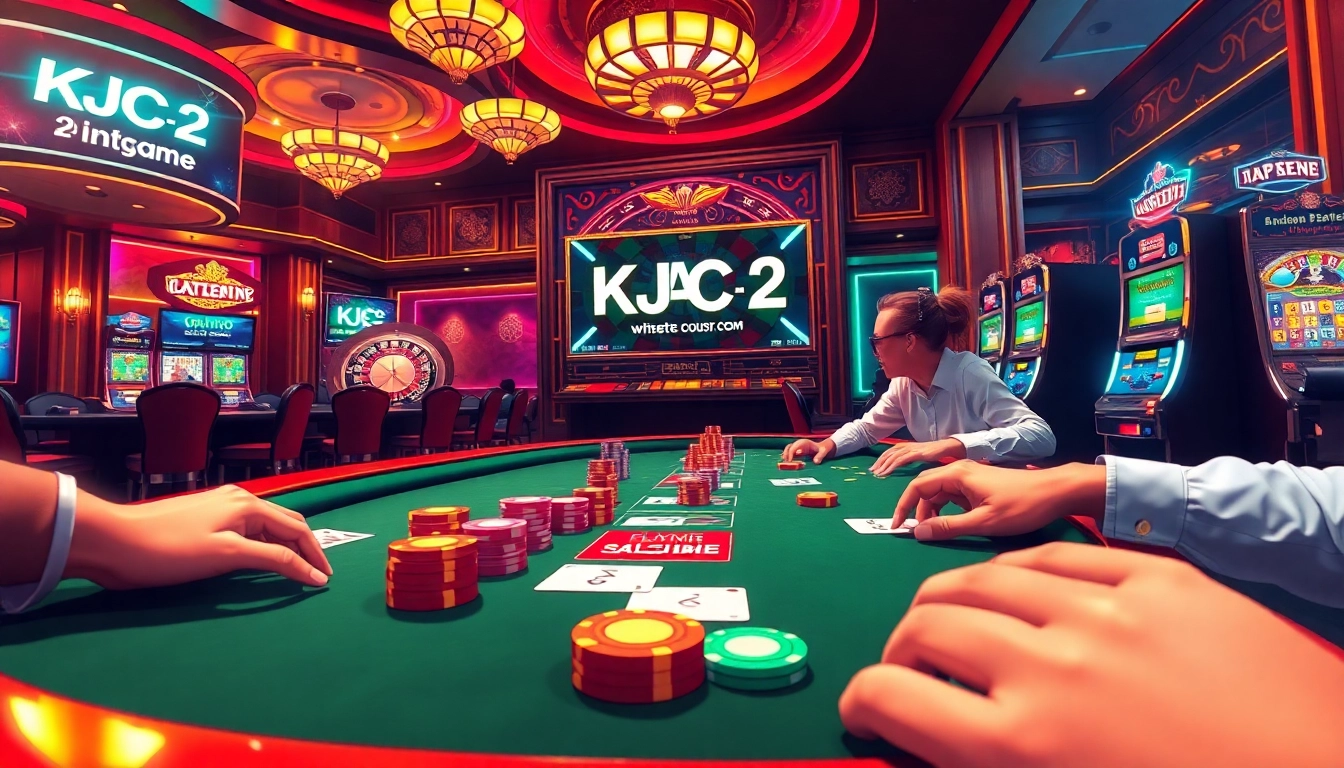 KJC AC 2 enhances the excitement at a high-stakes poker table, surrounded by vibrant casino action.