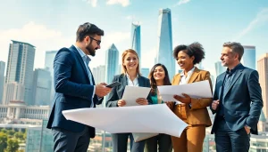 Professionals collaborating on international business real estate investments against a vibrant skyline.