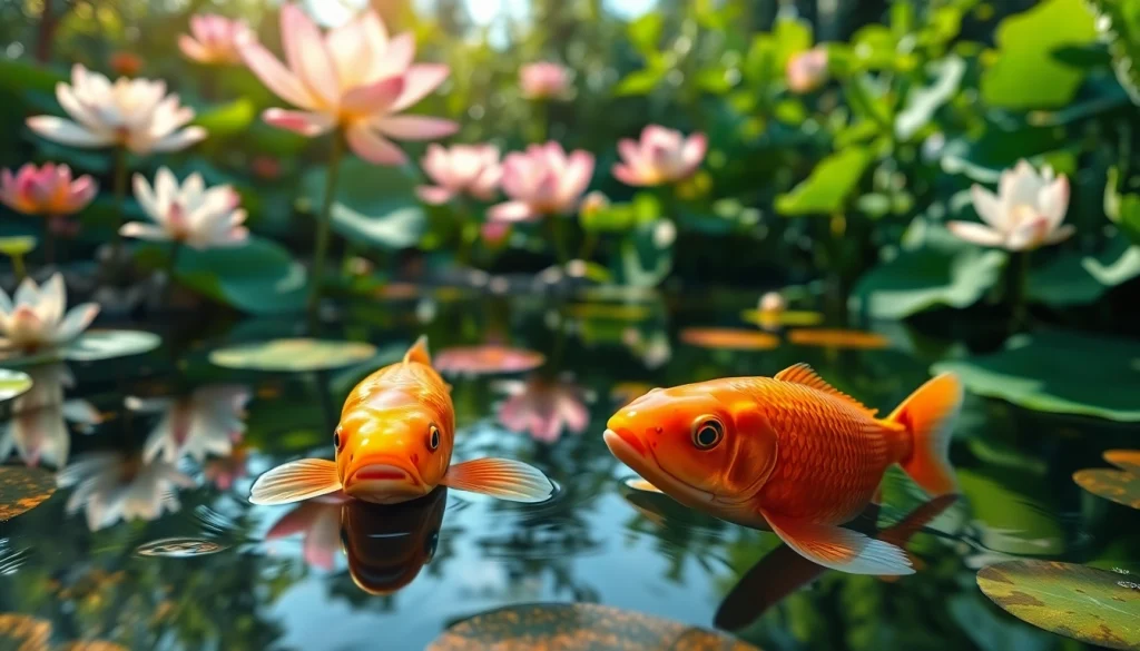 Koi800 merupakan kolam koi indah dengan ikan koi berwarna cerah dan bunga lotus yang mekar.