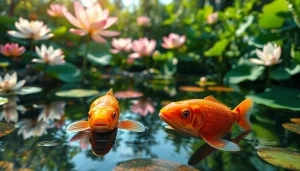 Koi800 merupakan kolam koi indah dengan ikan koi berwarna cerah dan bunga lotus yang mekar.