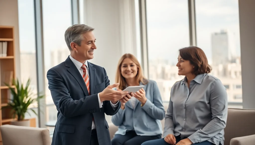 Clients receiving guidance from a personal injury lawyer at https://www.cohanlegal.com in a bright office environment.