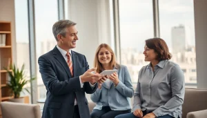 Clients receiving guidance from a personal injury lawyer at https://www.cohanlegal.com in a bright office environment.