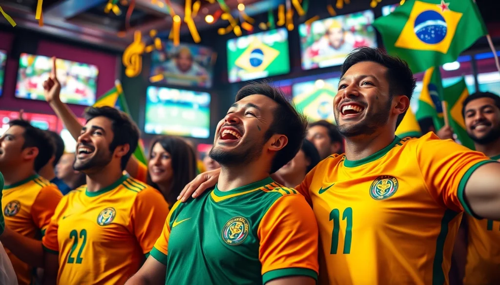 Capture the excitement of sports betting in Brazil with fans celebrating a game in a vibrant atmosphere.