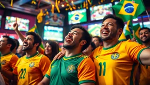 Capture the excitement of sports betting in Brazil with fans celebrating a game in a vibrant atmosphere.