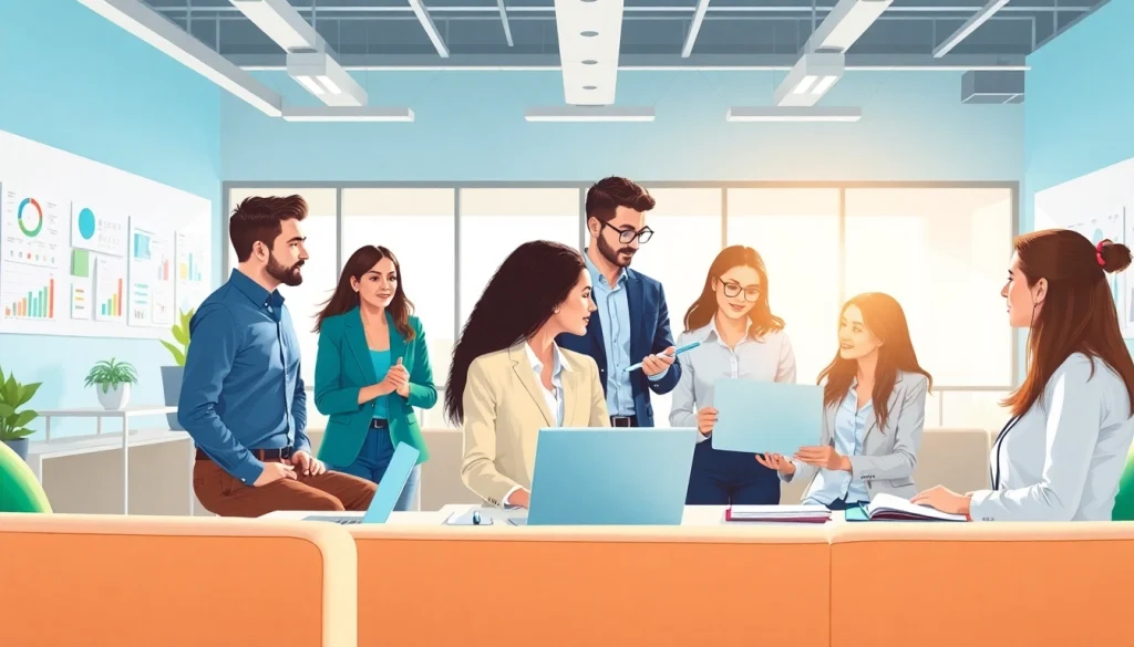 Engaged team working on public relations strategies at https://press.farm in a modern office.