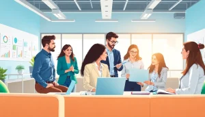 Engaged team working on public relations strategies at https://press.farm in a modern office.