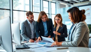 Analyze marketing strategies at https://whatalker.com with a team in a dynamic office setting.