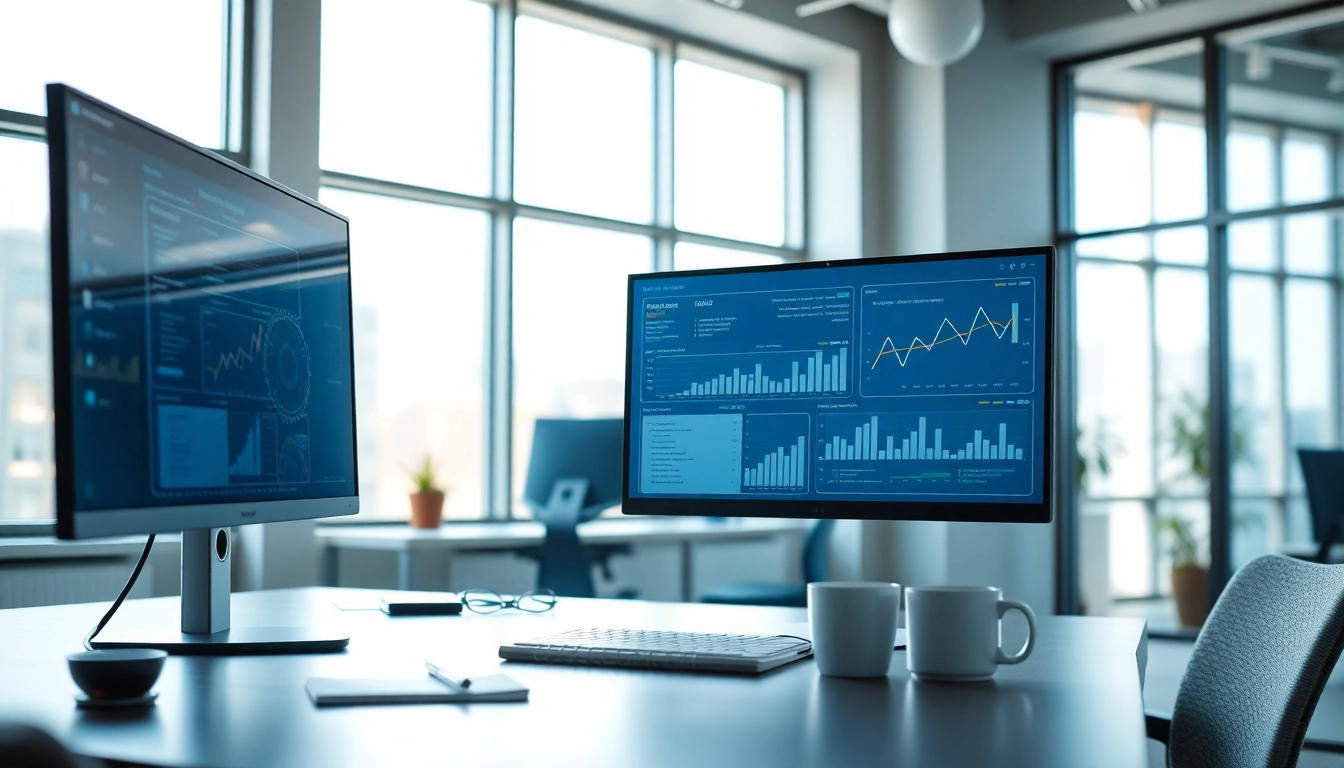 View of a professional workspace with advanced tools at https://benchbot.ai, featuring dual monitors and a neat layout.