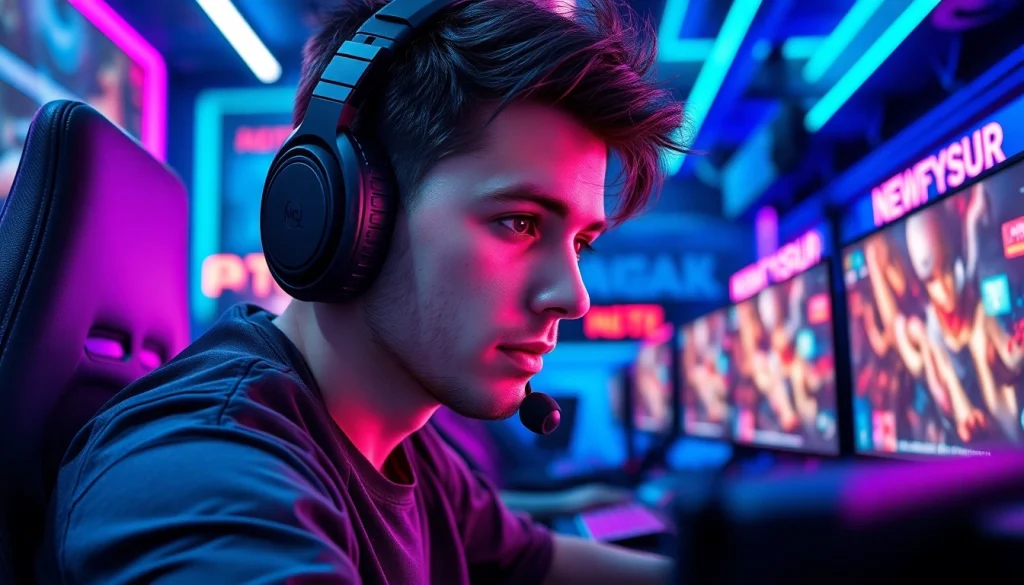 Engage with https://gamelevate.com showcasing a passionate gamer surrounded by dynamic gameplay visuals.