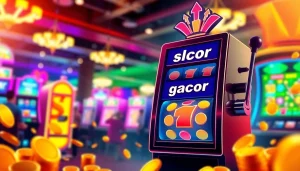 Menggambarkan permainan slot gacor dengan mesin slot yang menonjol dan suasana kasino yang meriah.