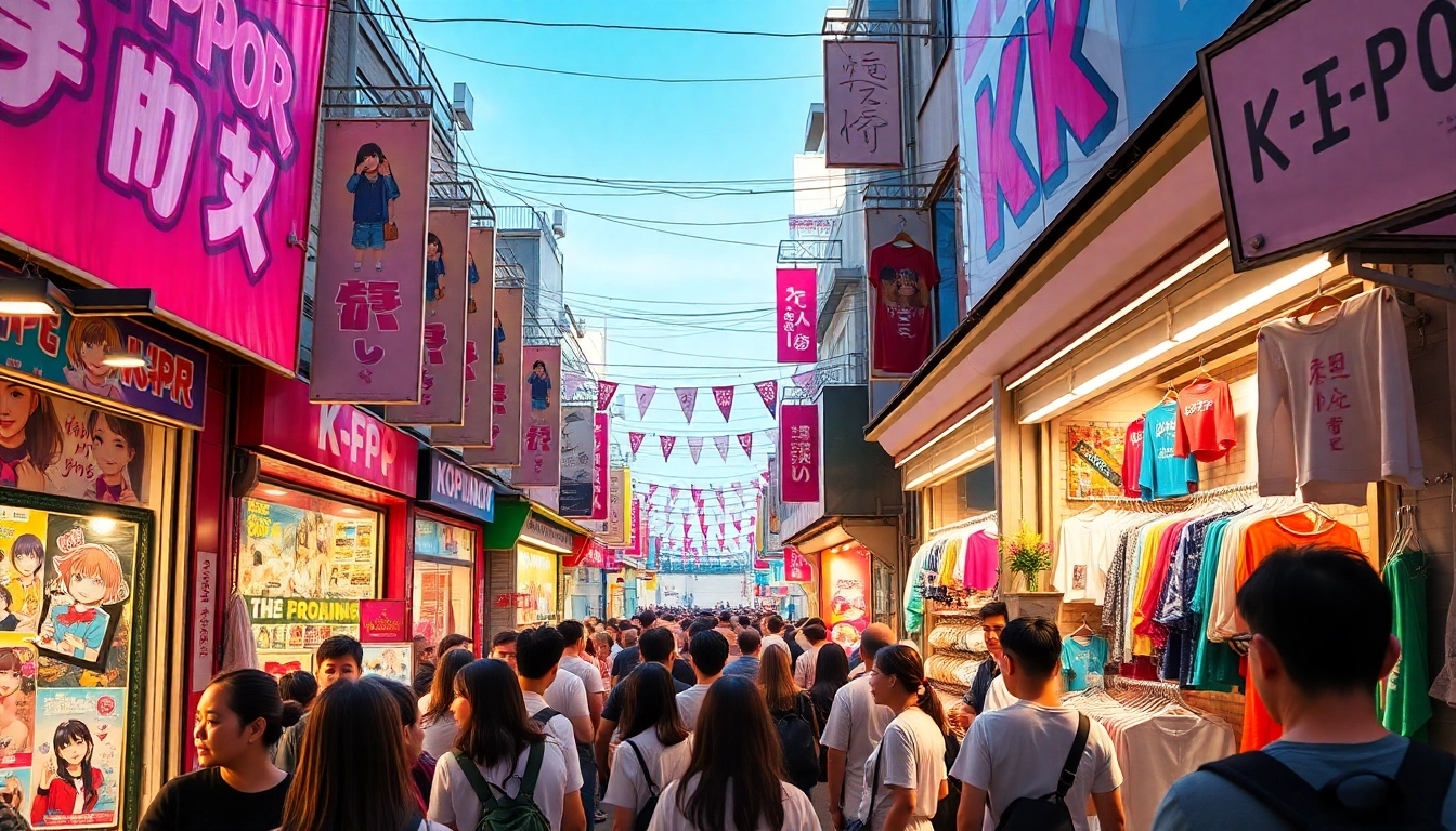 Fans browsing vibrant K-Pop merchandise at https://www.kpopangel.com's lively street market.