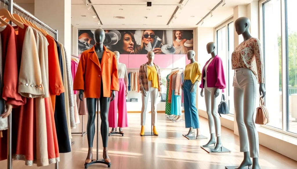 Shoppers explore a vibrant clothing store filled with colorful outfits and fashionable displays.