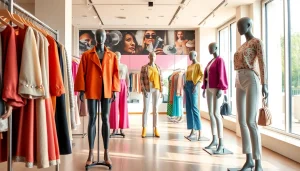 Shoppers explore a vibrant clothing store filled with colorful outfits and fashionable displays.