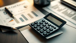 Calculating real estate returns with a calculator surrounded by property documents.