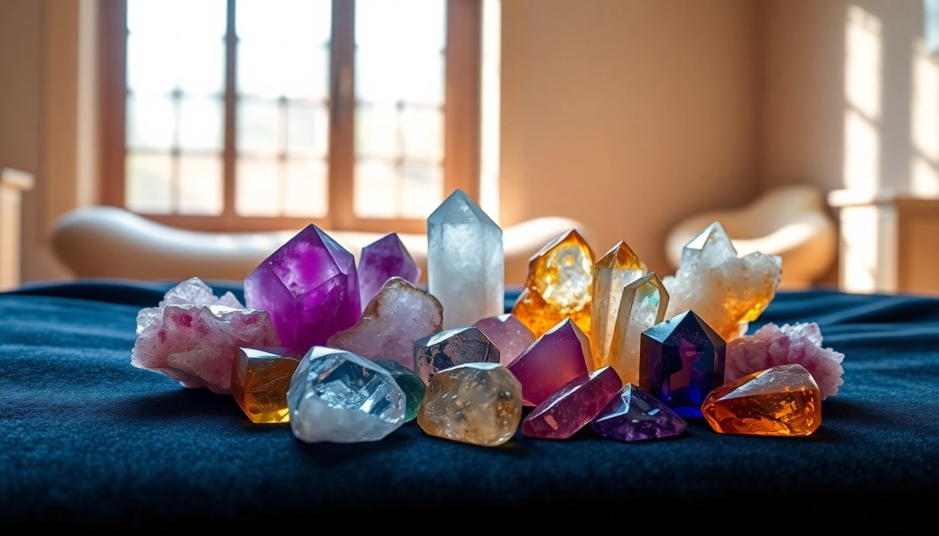 Showcase of types of crystals including vibrant amethyst and quartz on dark velvet.
